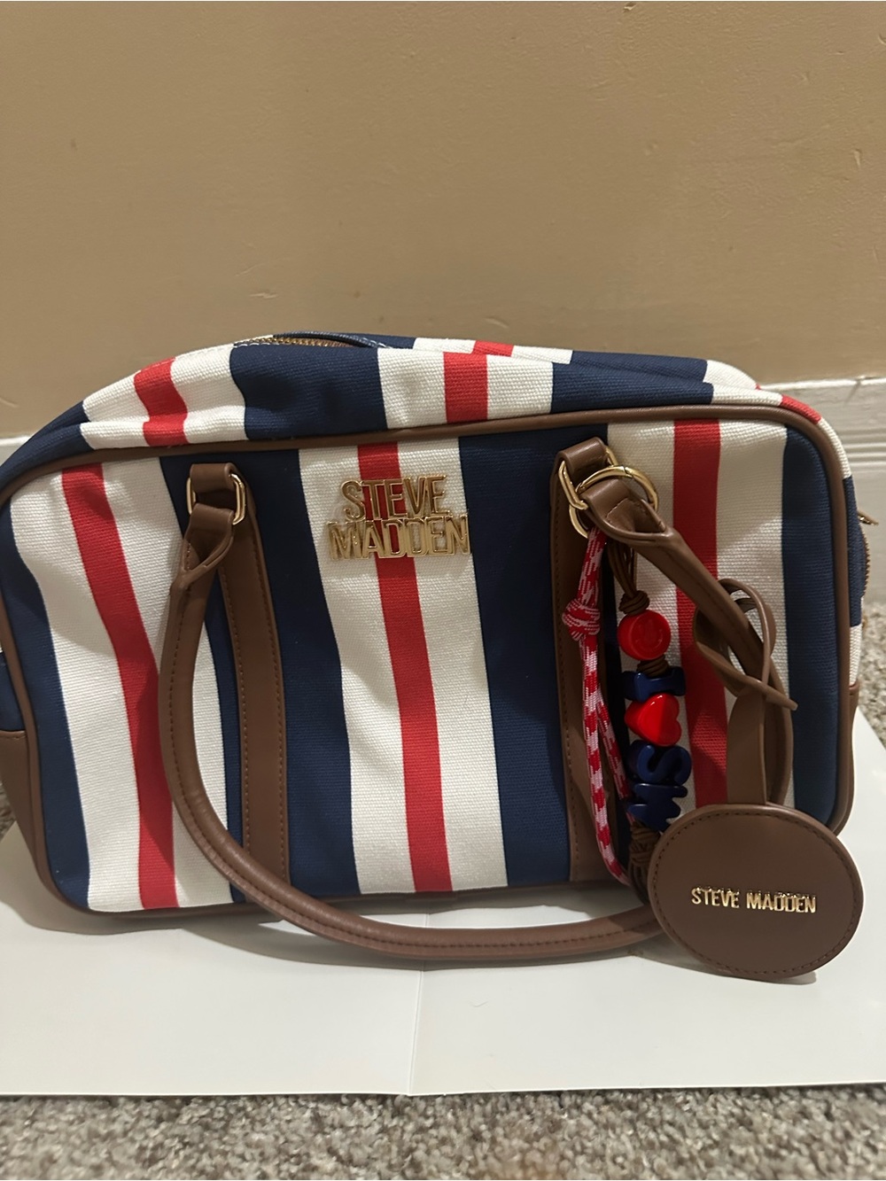 Steve Madden Navy, White & Red Striped Satchel with Tan Handles